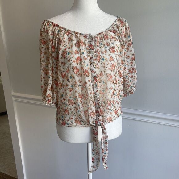 Poetry Tops - Poetry Large Sheer Ditsy Floral Tie Front Cropped Blouse Dainty Cottage Core
